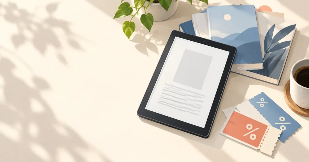 電子書籍のセールとクーポンを比較するタブレットと割引カードのイラスト